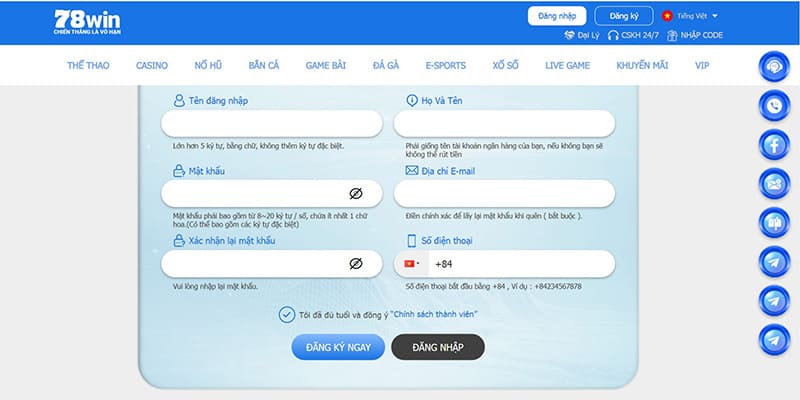 Đăng ký tại nhà cái 78win